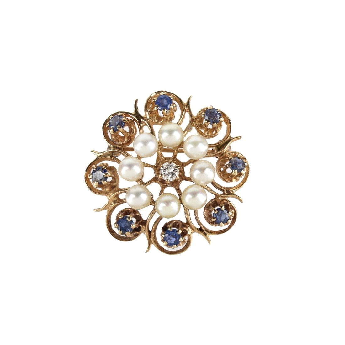 Gemstone and 14K Pendant / Brooch: Vintage Gemstone and 14 Karat Yellow Gold Circular Pendant / Brooch. Set in the center with an approx. .12 carat round brilliant cut diamond and accented with pearls and round cut sapphires. Pearls