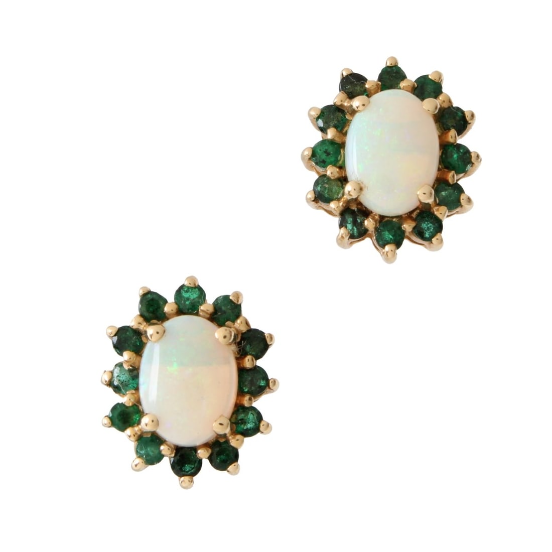Opal, Emerald and 14K Earrings: Vintage Oval Cabochon Opal, Round Cut Emerald and 14 Karat Yellow Gold Earrings. Opals with good play of color. Measure 1/2" x 3/8". Approx. total weight: 3.51 grams. Kodner Galleries offers phone
