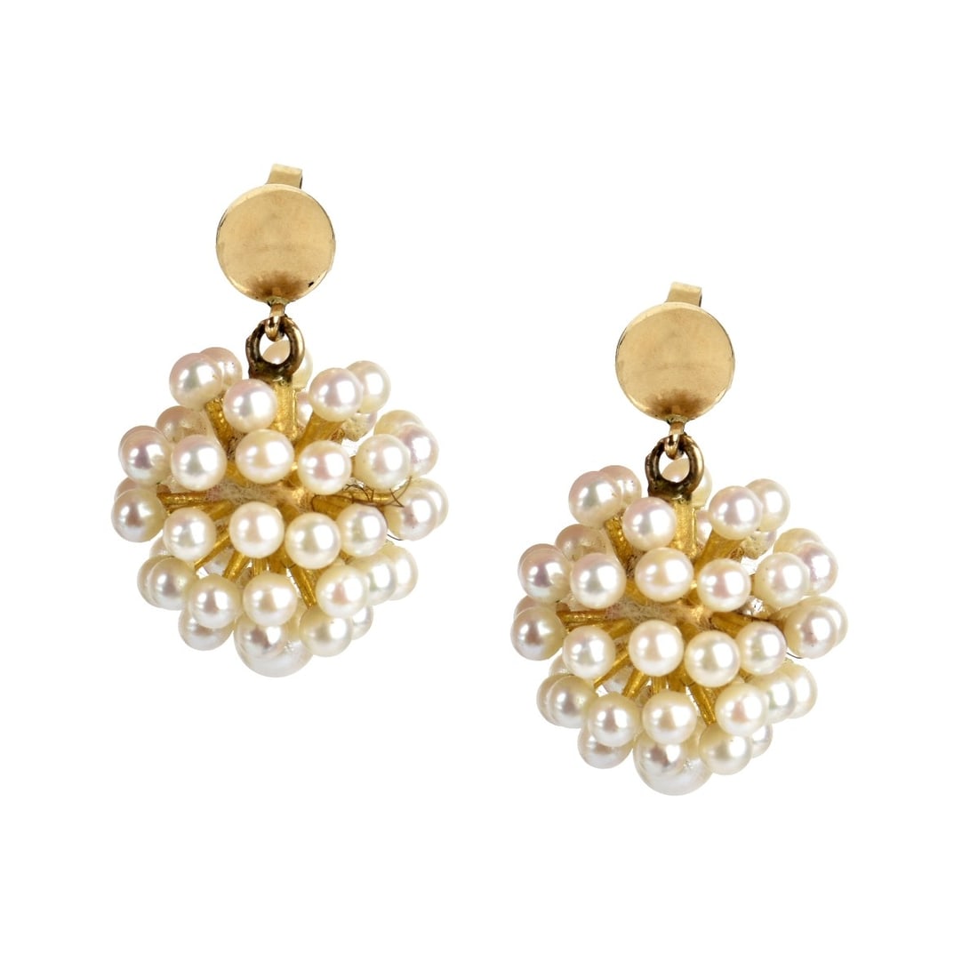 Pearl and 14K Earrings: Retro Disco Ball Pearl and 14 Karat Yellow Gold Starburst Pendant Ear Studs. Pearls measure 2.5-4.0mm. Overall measure 1" L. Approx. total weight: 9.45 grams. Kodner Galleries offers phone and