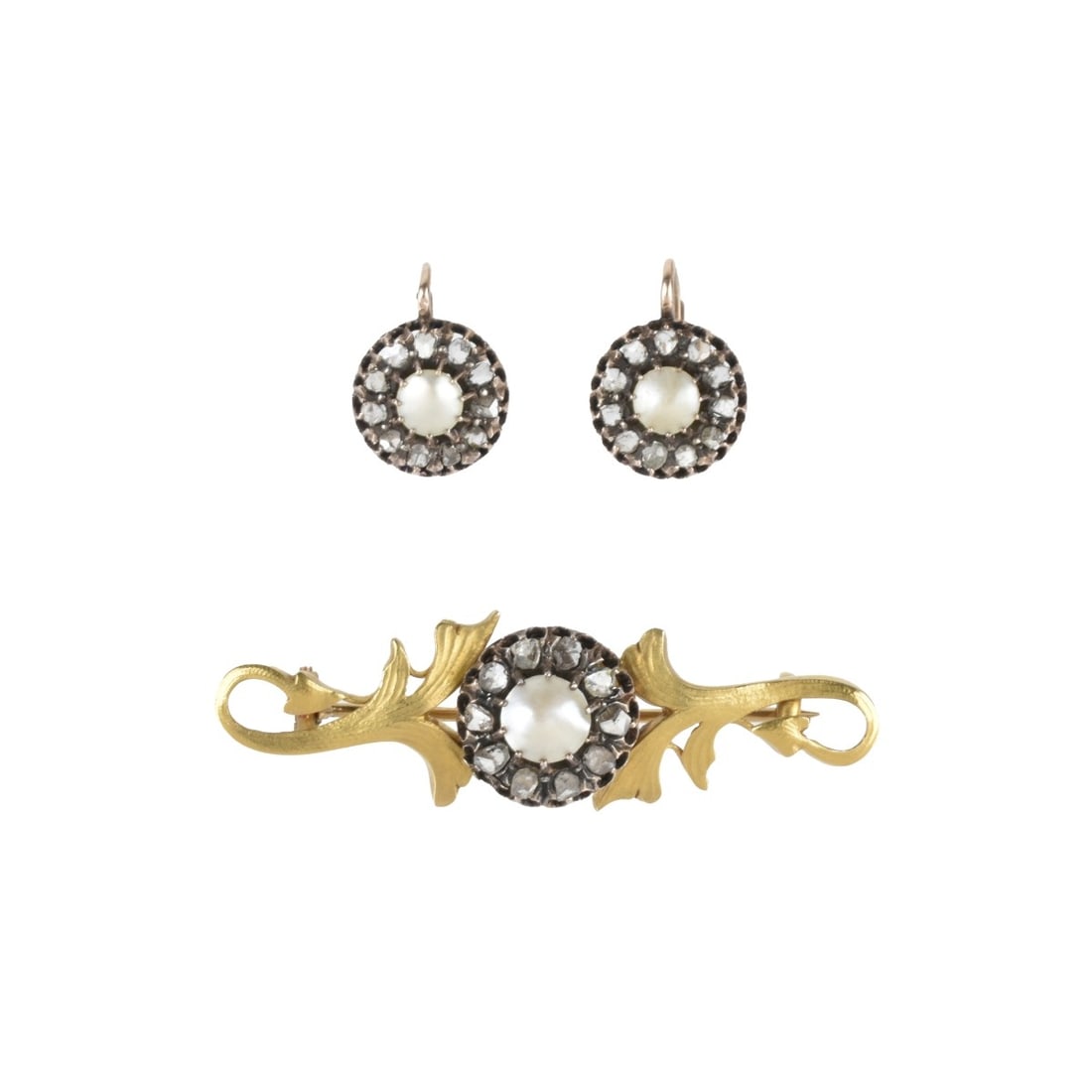 Diamond, Pearl and Gold Jewelry: Antique Rose Cut Diamond, Mabe Pearl and 18 &14 Karat Yellow Gold Brooch with matching Earrings Mounted in 14 Karat Yellow Gold. Brooch measures 1/2" H, 2" W; earrings measure 5/8" L, 1/2" W. Approx.