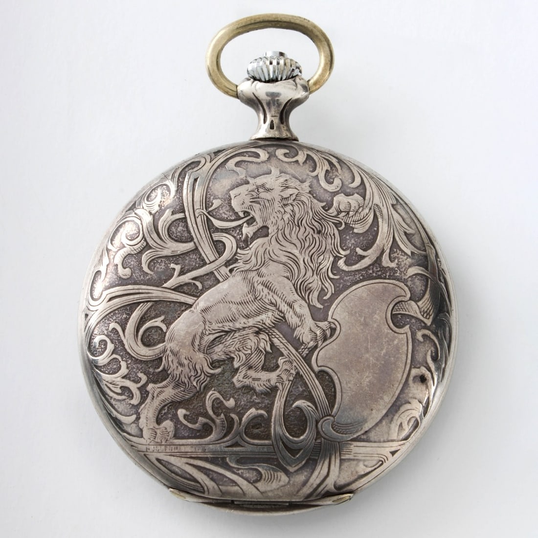 Huguenin Freres Pocket Watch Case: Antique 19th Century Huguenin Freres, Swiss Niello Silver Pocket Watch Case with Finely Engraved Heraldic Design with Lions and Scrolls Fitted with Later Pocket Watch Movement with Porcelain Dial and