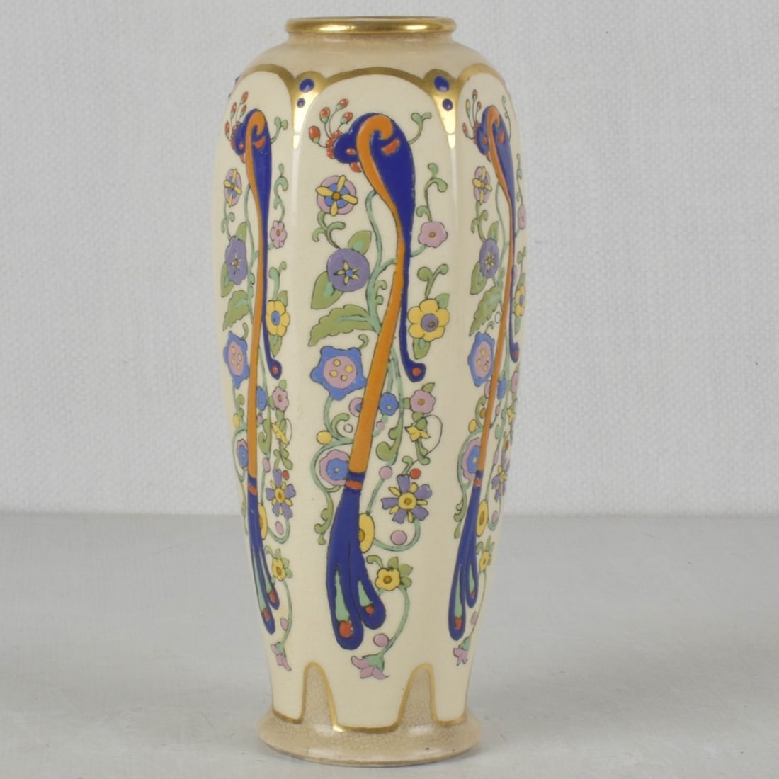 Vintage Art Nouveau Style Pottery Vase: Vintage Art Nouveau Style Pottery Six Sided Vase with Hand Painted Stylized Peacocks Perched in Flowering Branches on a Cream Ground and Gold Enamel. Marked " St. Marys College Portland, Ore." to the