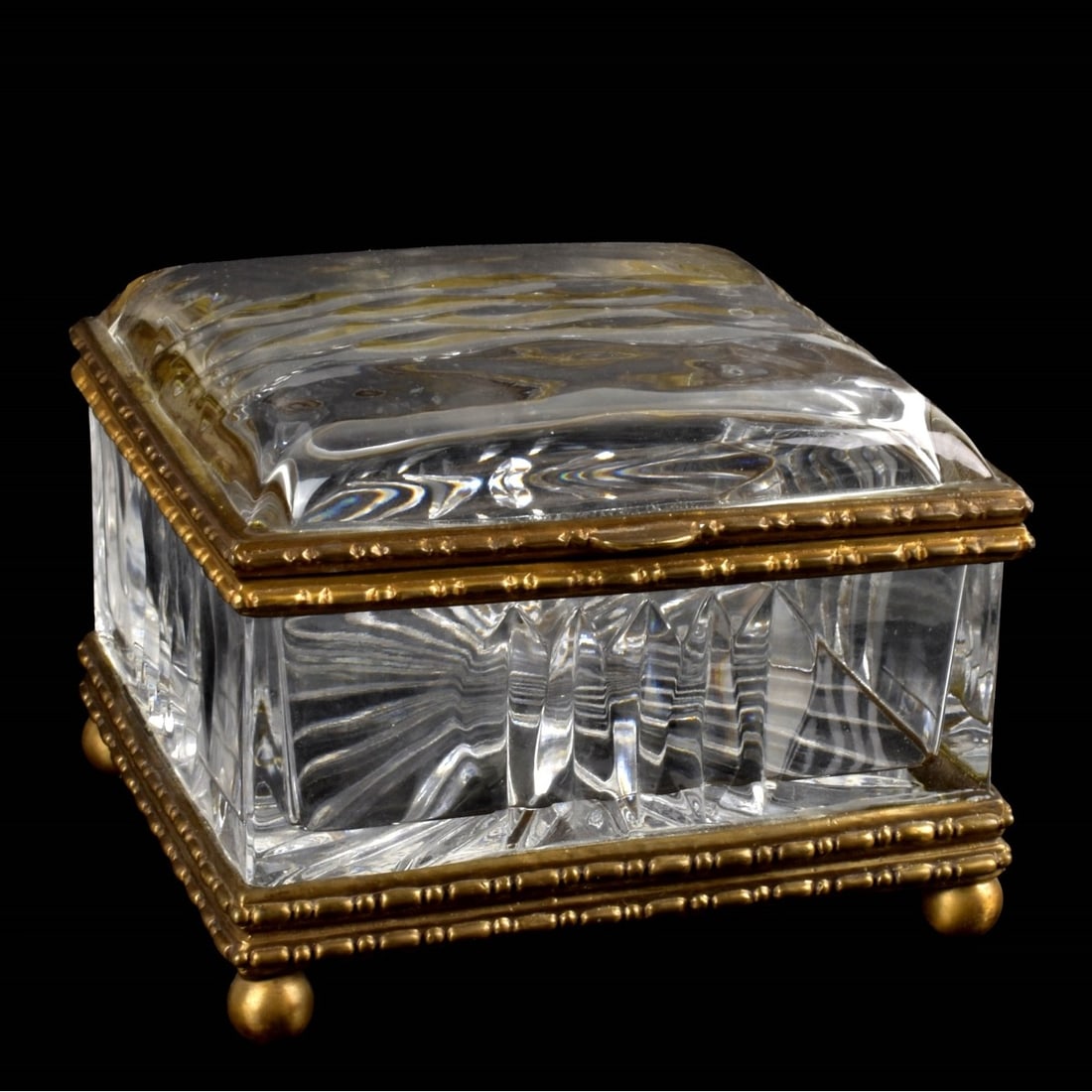 Castilian Vintage Glass and Brass Box: Castilian Extra Large Vintage Thick Glass and Brass Dresser Box with Hinge Lid, Supported on Four (4) Ball Feet. Measures: 5-3/4" high, 7-1/2" square. Kodner Galleries offers phone and absentee