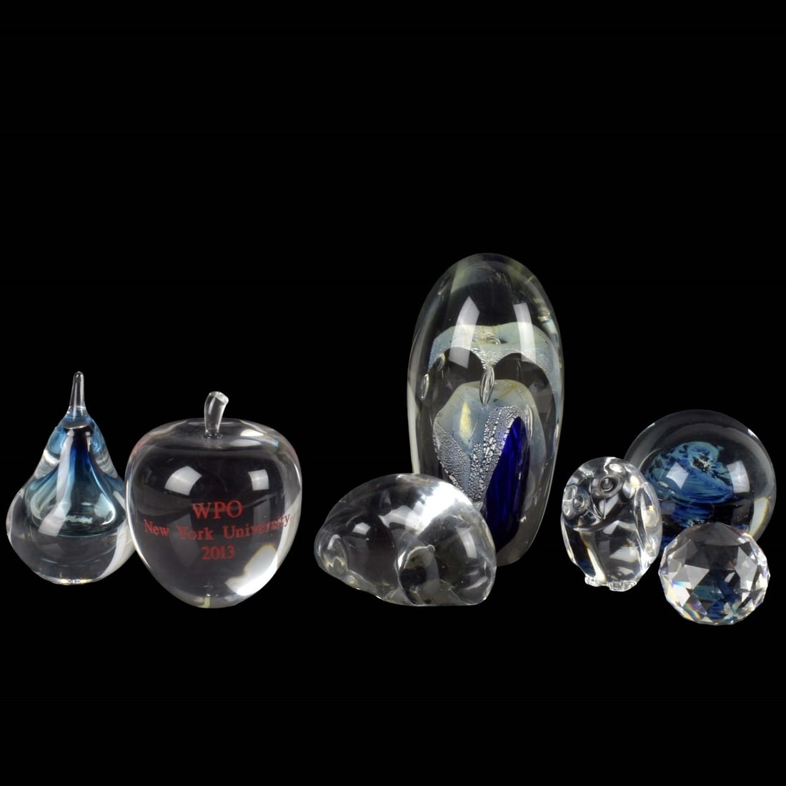 Collection of Glass Paperweights: Collection of Seven (7) Glass Paperweights. Some signed: including Steuben owl, owl measures: 2-7/8" high, tallest measures: 6" high. Kodner Galleries offers phone and absentee bidding at a low, flat 