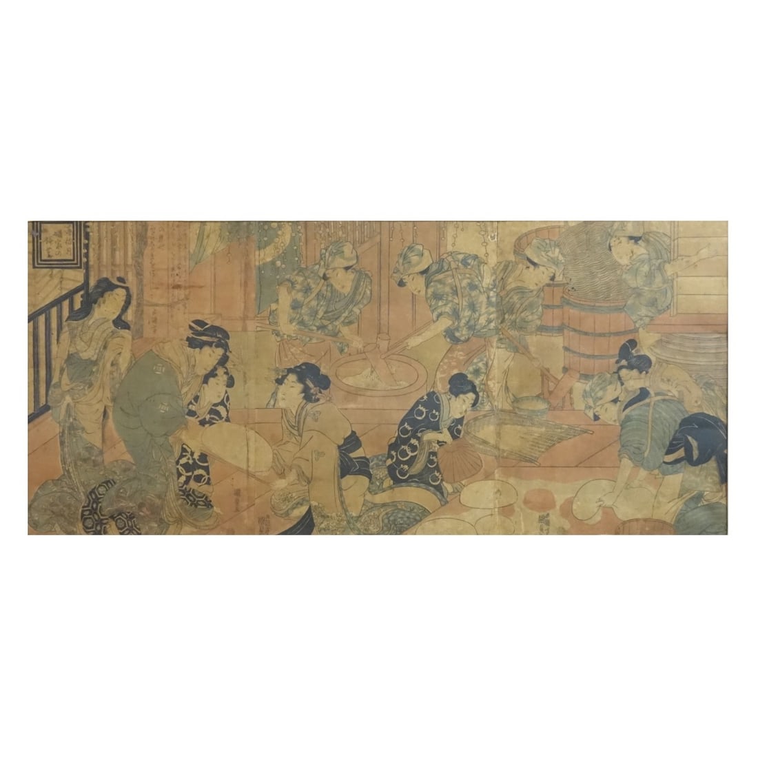 Japanese Woodblock Print: 18/19th Century Japanese Tryptic Woodblock Print, Bread Making. Signed. Measures (sight) 13-1/8" H, 29-1/2" W; frame measures 21-1/2" H, 37-1/2" W. Kodner Galleries offers phone and absentee bidding