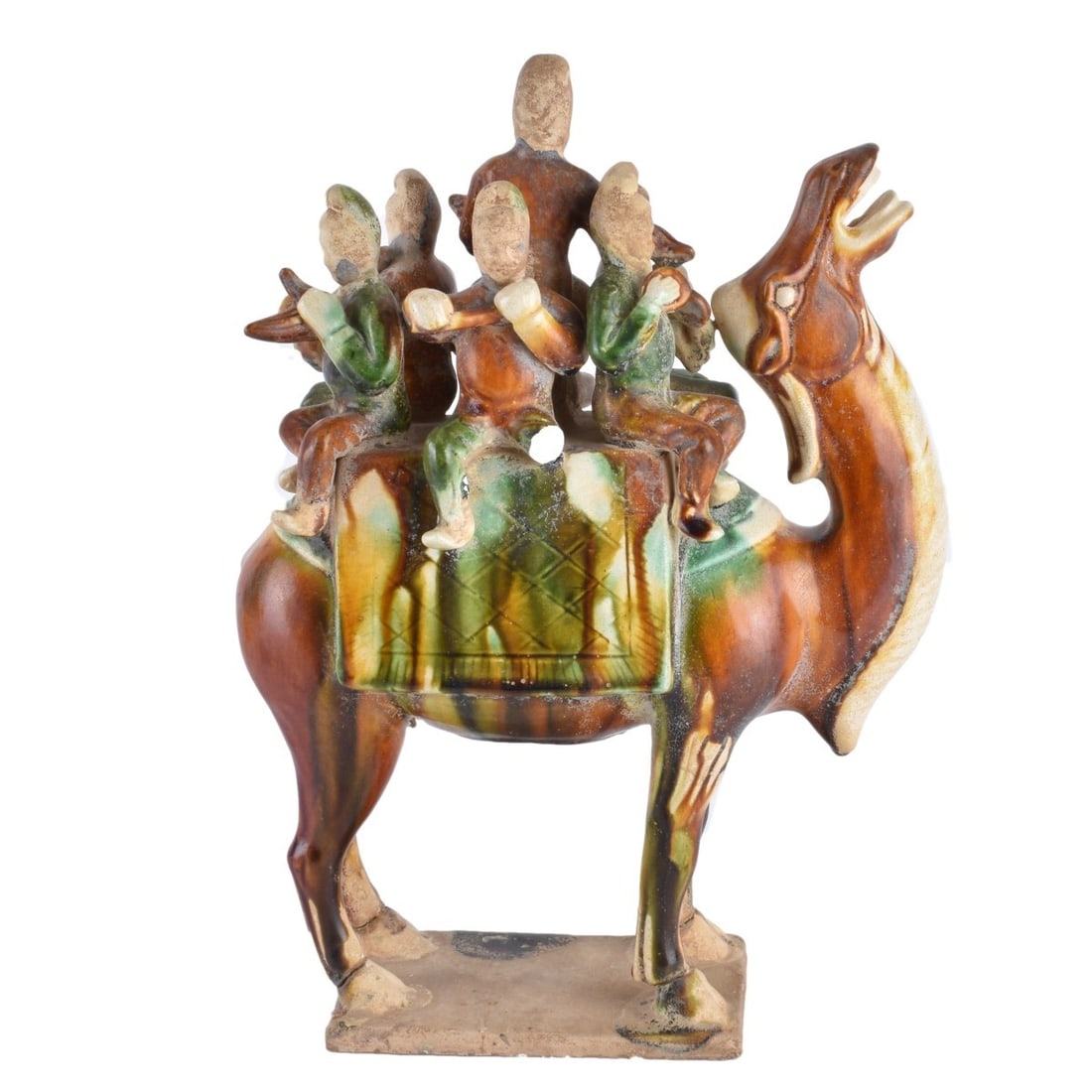Chinese Tang Style Camel: Antique Chinese Tang Style Sancai Glaze Earthenware Camel Tomb Sculpture with Numerous Riders. Measures 12-1/2" H x 9" L. Kodner Galleries offers phone and absentee bidding at a low, flat 21% buyer?s