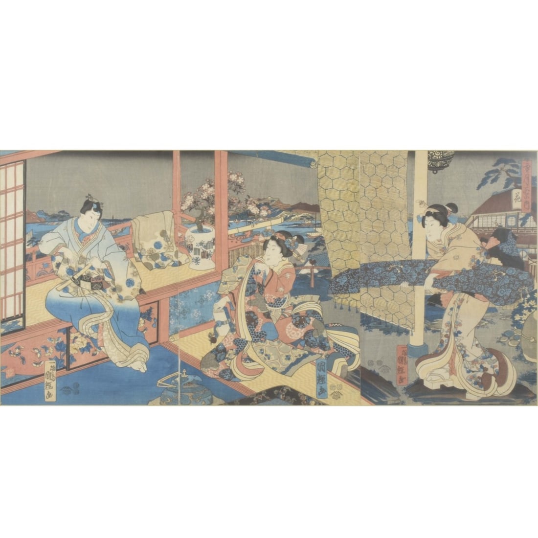 19th Century Japanese Wood Block Triptych: 19th Century Japanese Wood Block Triptych. Probably by Utagawa Kunisadw. Framed and matted under Plexiglass. Image area measures: 13-1/2" high, 29" wide, frame measures: 20-1/2" high, 35-1/2" wide.