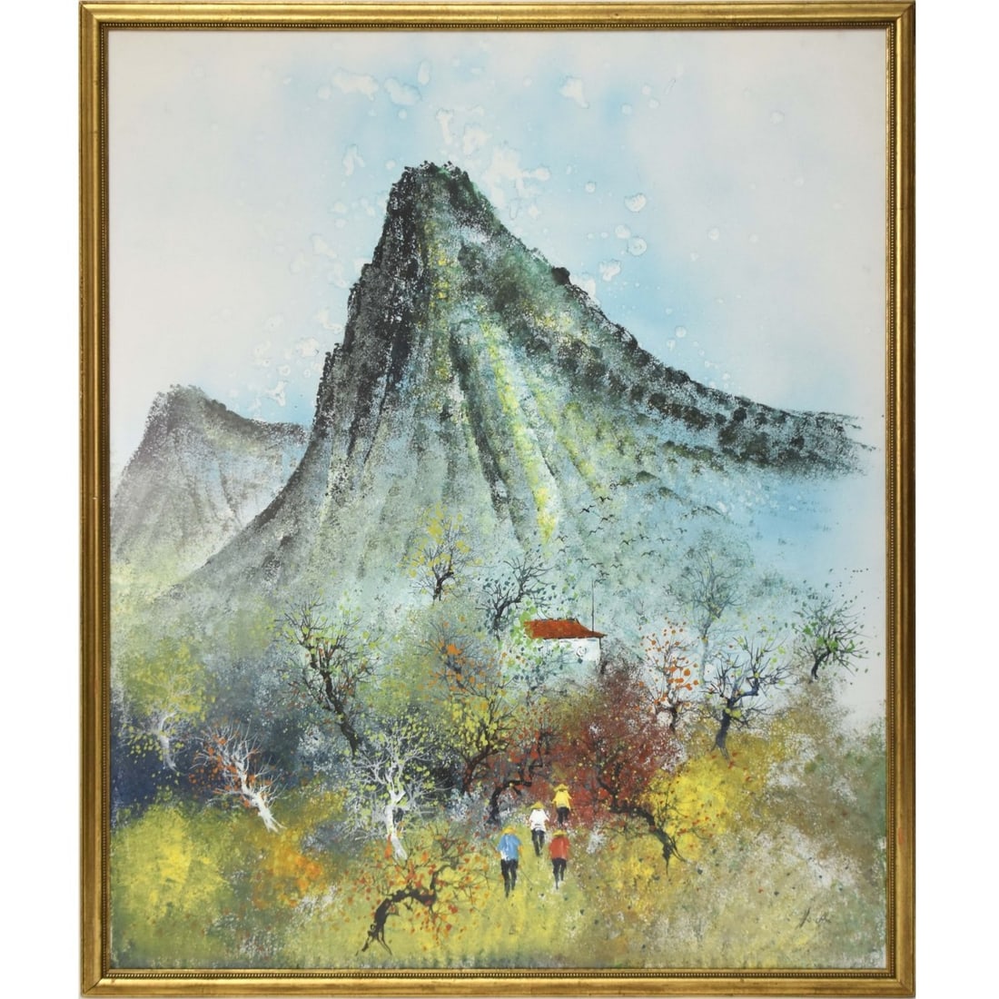 Ho Chu, Taiwan (20th Century): Ho Chu, Taiwan (20th Century) Framed Abstract Modernist Village Landscape Oil Painting. Signed bottom right hand corner. Image area measures: 49-1/2" high, 39-1/2" wide, 52-1/2" high, 42-1/2" wide.