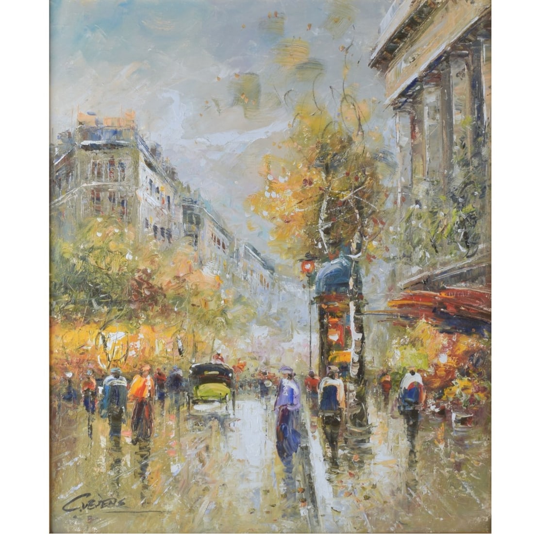Christof Vevers (b. 1962): Christof Vevers (b. 1962). Oil on Canvas Paintings, Paris Street Scenes. Artist signed bottom left hand corner. Measures 23-1/2" H, 19-1/2" W; frame measures 30-1/2" H, 26-1/2" W. Kodner Galleries off