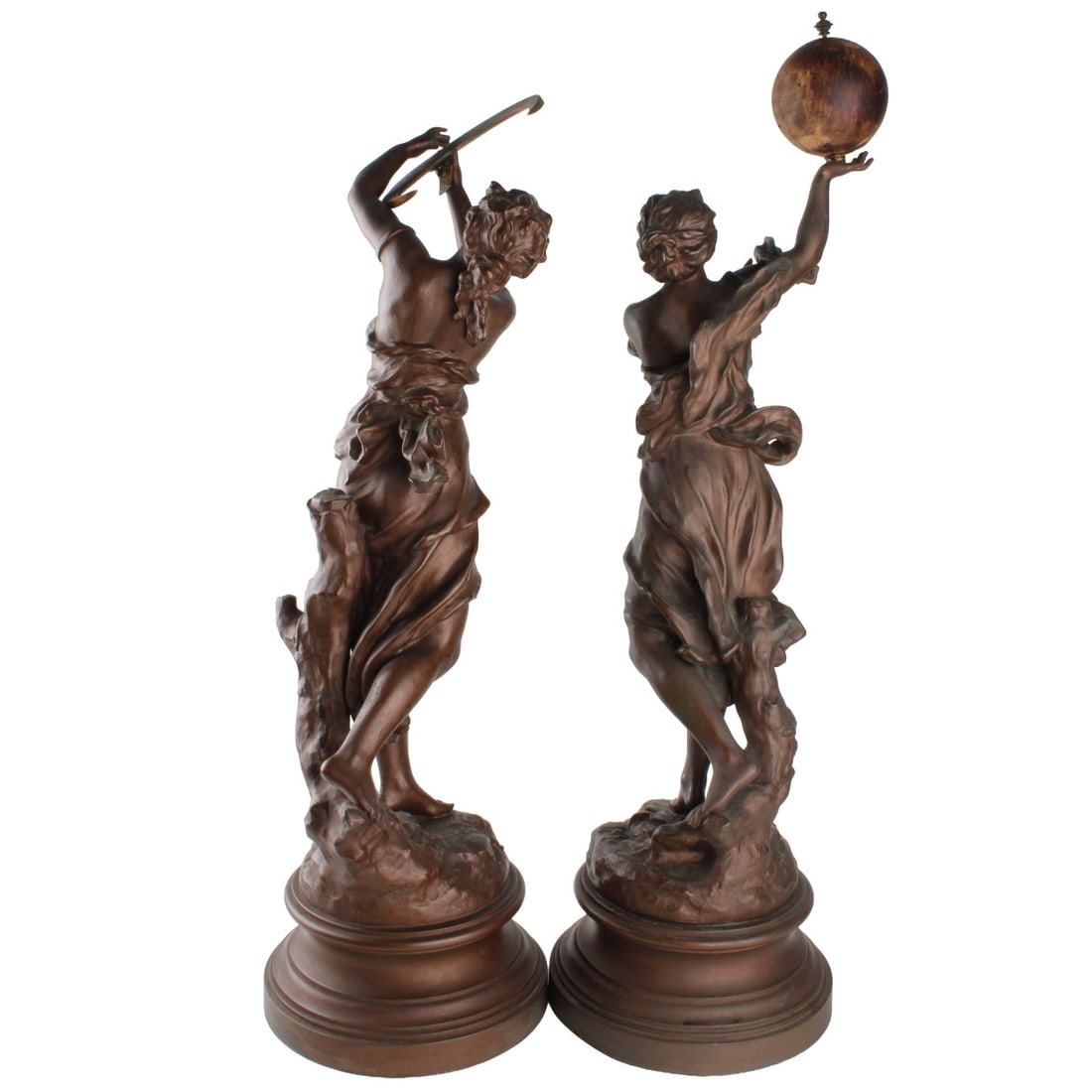 Charles-Octave Levy, French (1820-1899): Charles-Octave Levy, French (1820-1899) Two (2) Late 19th Century White Metal Sculptures Both Signed in the Bronze with Name Plates. One (1) "La Monde" sculpture of a woman holding a large sphere