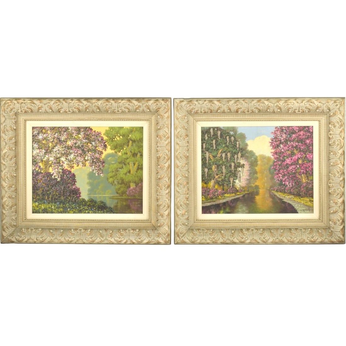 Leonard Rodowicz, Polish/Am. (1898-1981): Leonard Rodowicz, Polish/American (1898-1981) Two (2) Framed Landscape with Blooming Trees Paintings. Impasto on board. Signed bottom right hand corner. Image area measures: 10-1/2" high, 13-1/2" wide