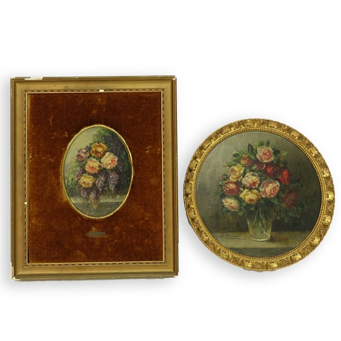 F. Clairval, French (19/20th century): F. Clairval, French (19/20th century) Two French School Oil on Wood Panels, Still Life Flowers, Each Appropriately Signed. Largest frame measures 12-1/2" H x 10-1/4" W, other measures 10" diam. Kodner