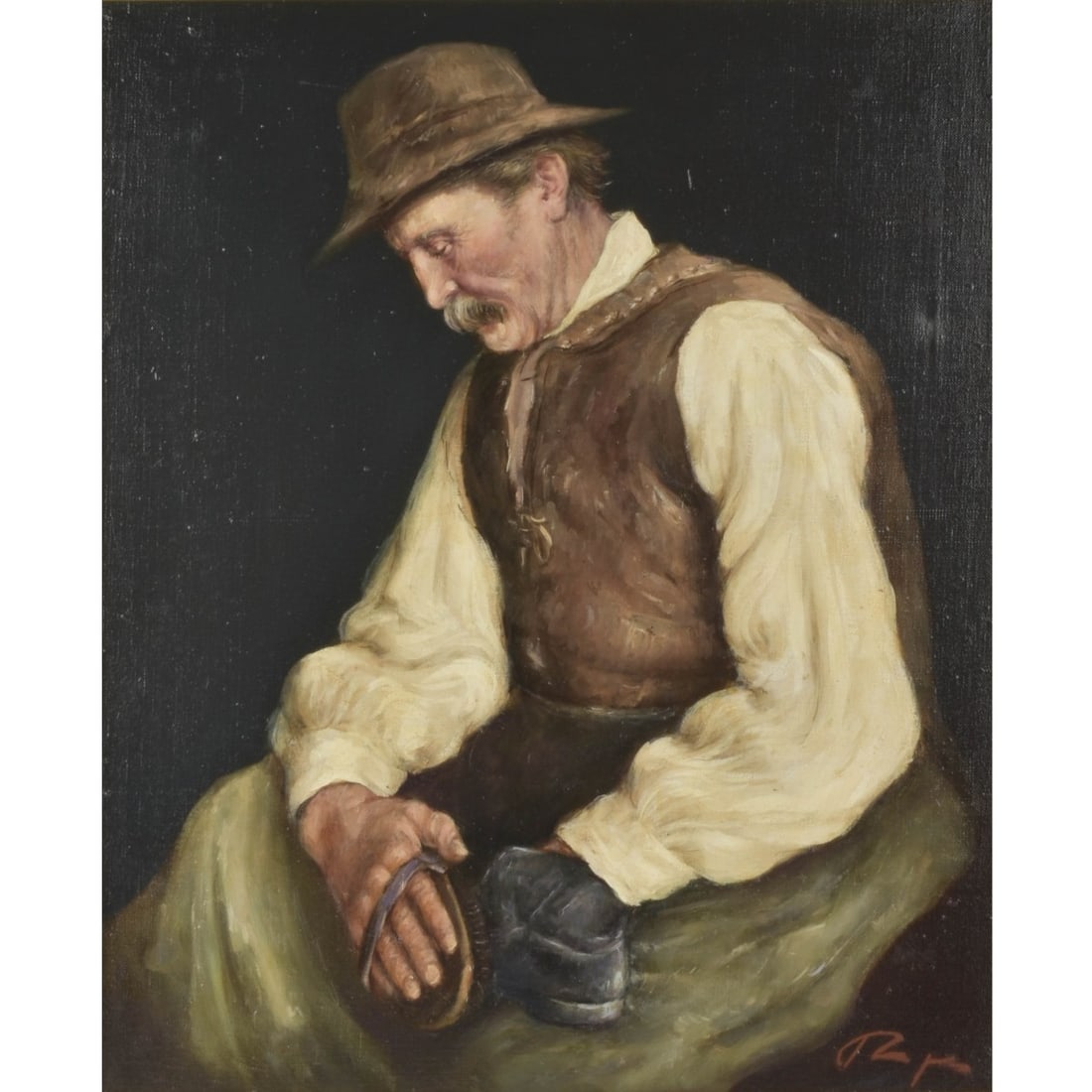 Painting of an Old Man Polishing his Shoes: Oil on Canvas Genre Painting of an Old Man Polishing his Shoes. Framed. Artist signed bottom right hand corner. Image area measures: 23-1/2" high, 19-1/4" wide, frame measures: 29" high, 25" wide.