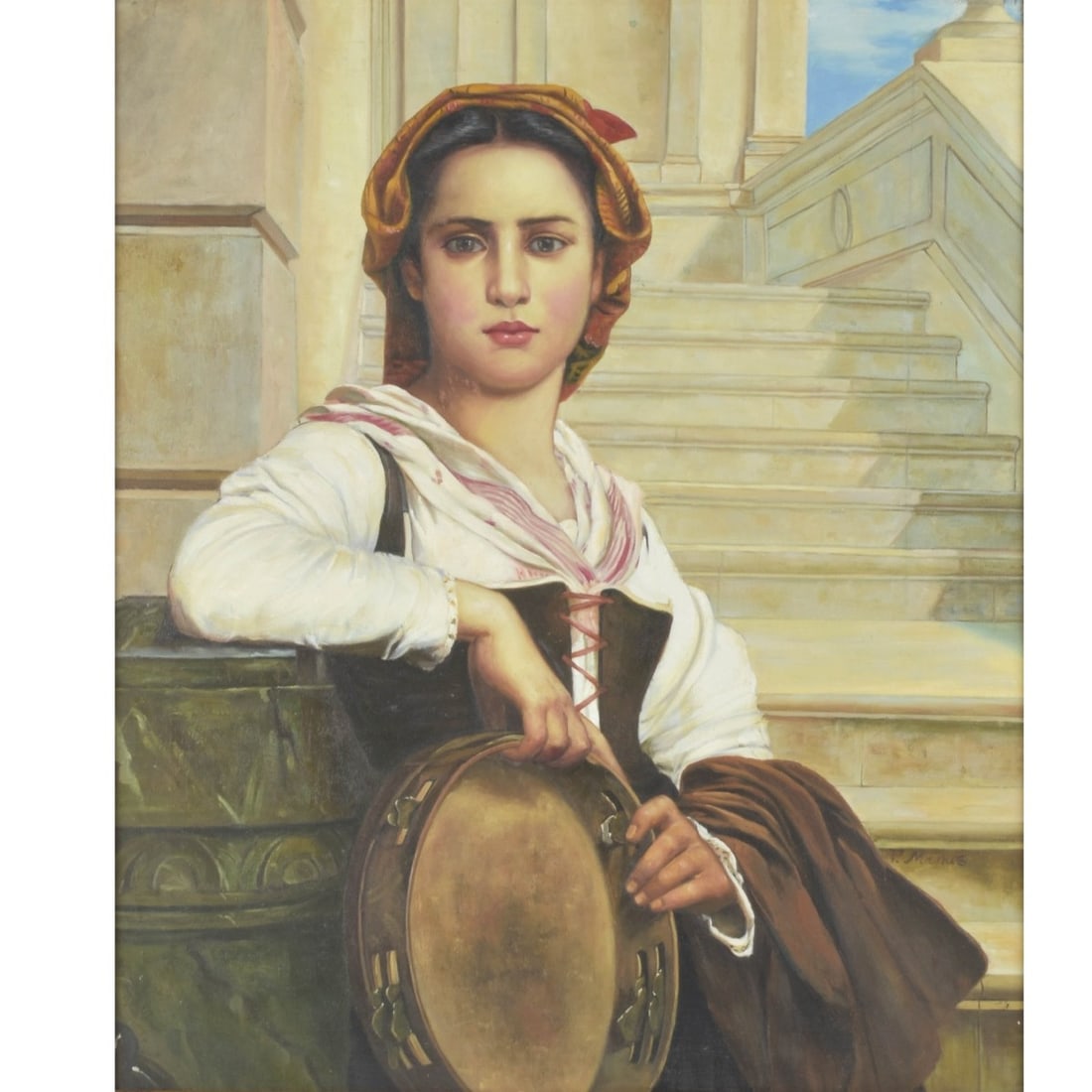 Painting of an Old Man Polishing his Shoes: Oil on Canvas Genre Painting of a Young Girl with a Tambourine. Framed. Unsigned. Image area measures: 23-3/4" high, 19-1/2" wide, frame measures: 31" high, 27-1/4" wide. Kodner Galleries offers