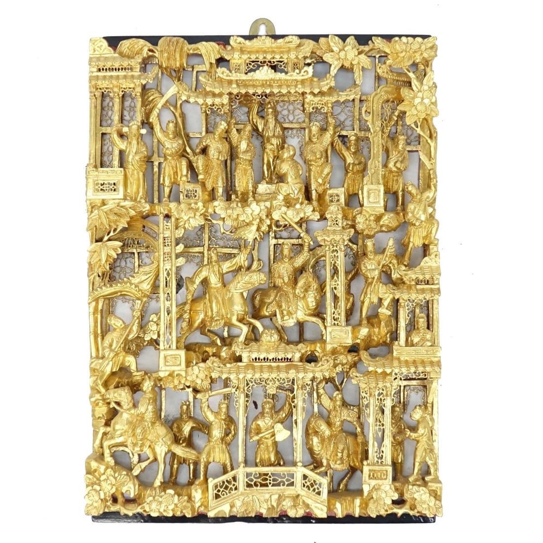 Chinese Giltwood Relief Panel: Chinese Carved Giltwood Relief Wall Hanging Panel. Intricately detailed figural motif. Measures 16-1/2" x 11-3/4". Kodner Galleries offers phone and absentee bidding at a low, flat 21% buyer?s