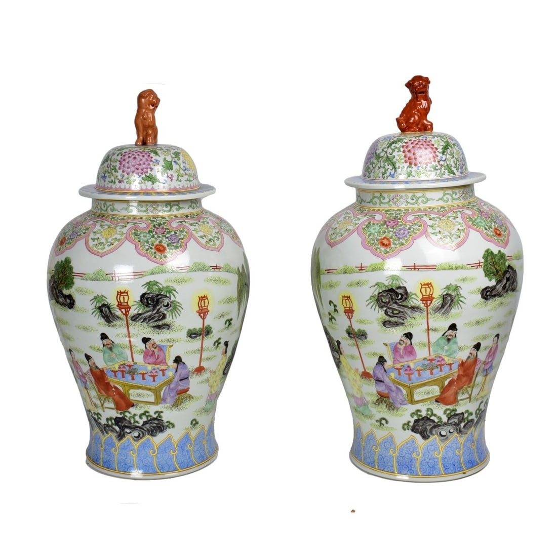 Pair of Large Chinese Covered Jars: Pair of Large 20th Century Chinese Famille Rose Porcelain Covered Jars with Foo Dog Finial. Signed. Overall measures 32-1/2" x 17-1/2". Kodner Galleries offers phone and absentee bidding at a low, fla
