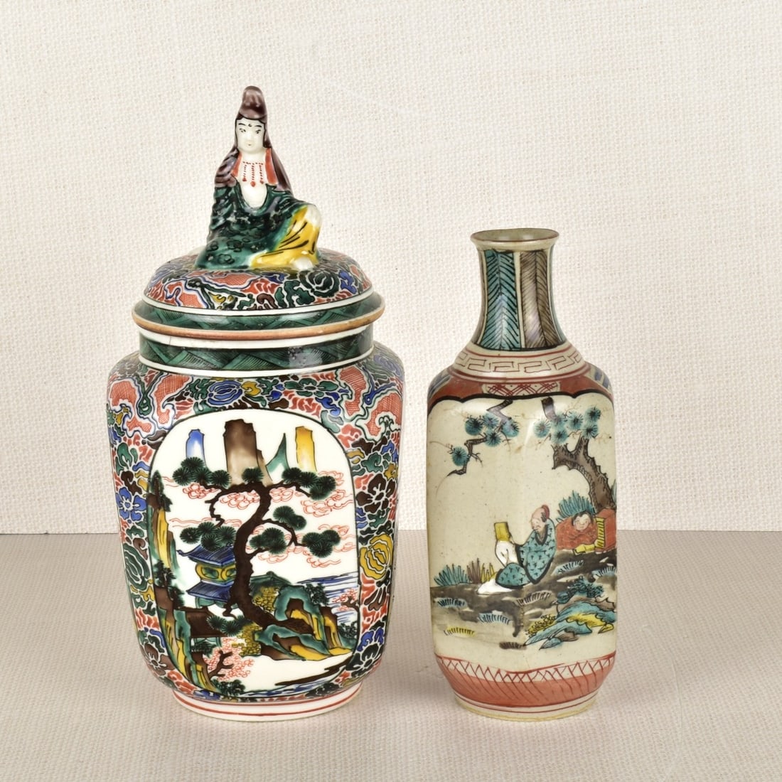 Japanese Kutani Ware Pieces: Two (2) Japanese Kutani Ware Pieces Consisting of One (1) Hexagon Shaped Vase or Sake Bottle, Measures: 7 -1'2" H, 3-1/2" Dia., One (1) Four (4) Sided Jar with Cover, Measures: 9-3/4" H, 4-1/2" W, 4-1