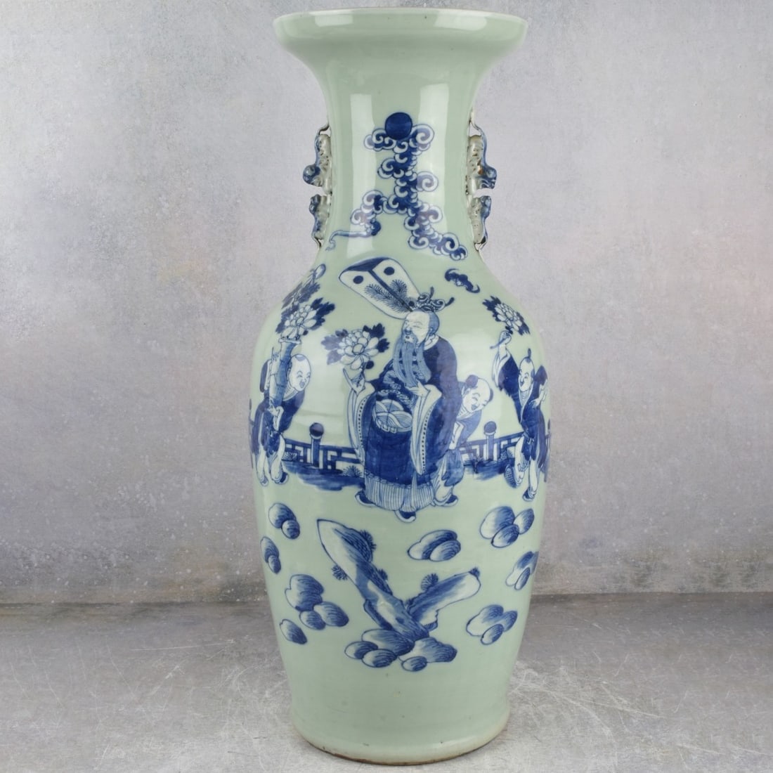 Large Vintage Chinese Blue and White Vase: Large Vintage Chinese Blue and White Porcelain Vase. Decorated with hand painted landscape and figures with attached Koi fish handles. Measures: 23-1/2" H, 9" Dia. Kodner Galleries offers phone and ab