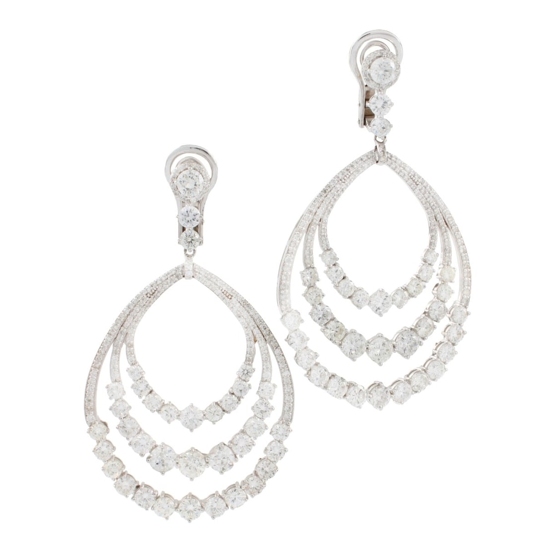 18KW Gold and Diamond Earrings: 18K White Gold and Diamond Earrings. Each earring with three (3) concentric circles with omega backs, each having 338 round brilliant cut diamonds approximately 16.6 ctw, G-H in color, VS-I1 in clarit