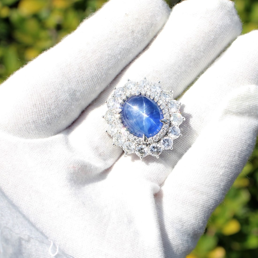 Platinum, Diamond and Sapphire Ring: Platinum, Diamond and Sapphire Ring. 4.69 ct, diamonds G-H color/VS-SI clarity with a 19.11 ct sapphire AGL 1141050, ring size 7-1/4. Total weight: 23.17 grams. Kodner Galleries offers phone and absen