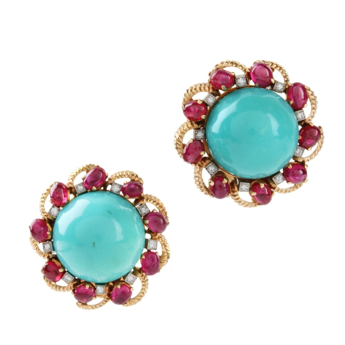 18K YG Turquoise, Dia. and Ruby Earrings: 18K Yellow French Gold Turquoise, Diamond and Ruby Earrings. (2)Turquoise stones 32 ct., (18) diamonds .18 ct. G-H in color VS-SI in clarity, 4.52 ct. rubys. Weight: 14.20 dwt, approx. 25 x 25 mm. Kod