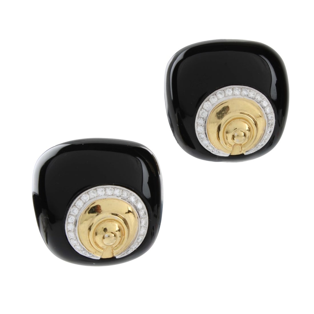 18K YG Vintage David Webb Earrings: Vintage 18K Yellow Gold, Diamond and Black Onyx David Webb Clip Back Earrings. 0.36 ct diamonds E-F in color VS1-VS2 in clarity. Weight 15.55 grams, approximately 20mm x 13mm. Kodner Galleries offers 