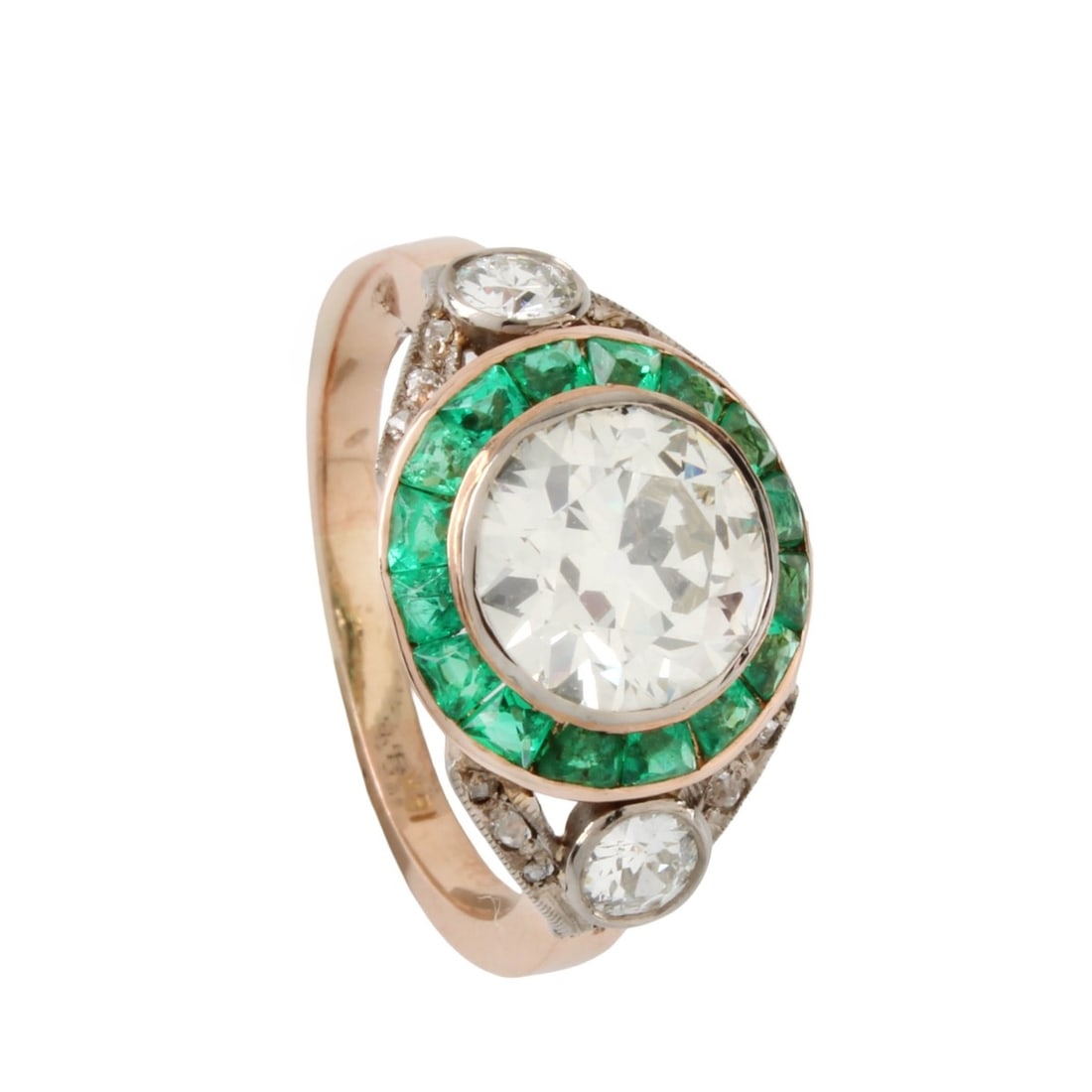 18K White Gold, Diamond and Emerald Ring: 18K White Gold, Diamond and Emerald Ring. Set in the center with a 1.98 carat Euro. cut diamond, J-K in color VS1 in clarity and accented with old European and rose cut diamonds and baguette cut emera
