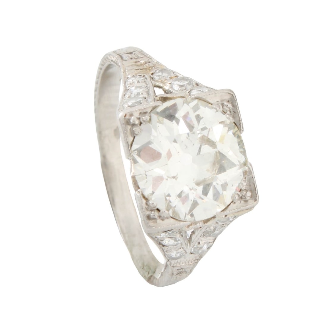 Art Deco Platinum and Diamond Ring: Art Deco Platinum and Diamond Ring. Center stone 1.90 ct G-H in color VS-SI in clarity, side diamonds 0.24 ctw., G-H in color SI2 in clarity. Size 5-1/4. Approx. weight: 3.91 grams. Kodner Galleries o