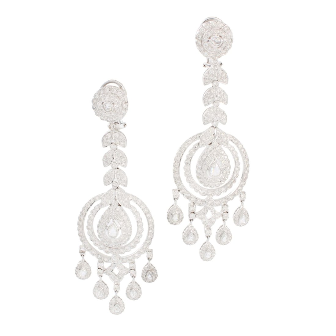 18KW Gold and Diamond Chandelier Earrings: 18KW Gold and Diamond Chandelier Earrings. SEt with 386 round brilliant cut and pearl shape diamonds, 11.41 ctw G-I in color VS-SI in clarity. Measure: 3-1/4" long, 1" wide at widest point. Approx. to