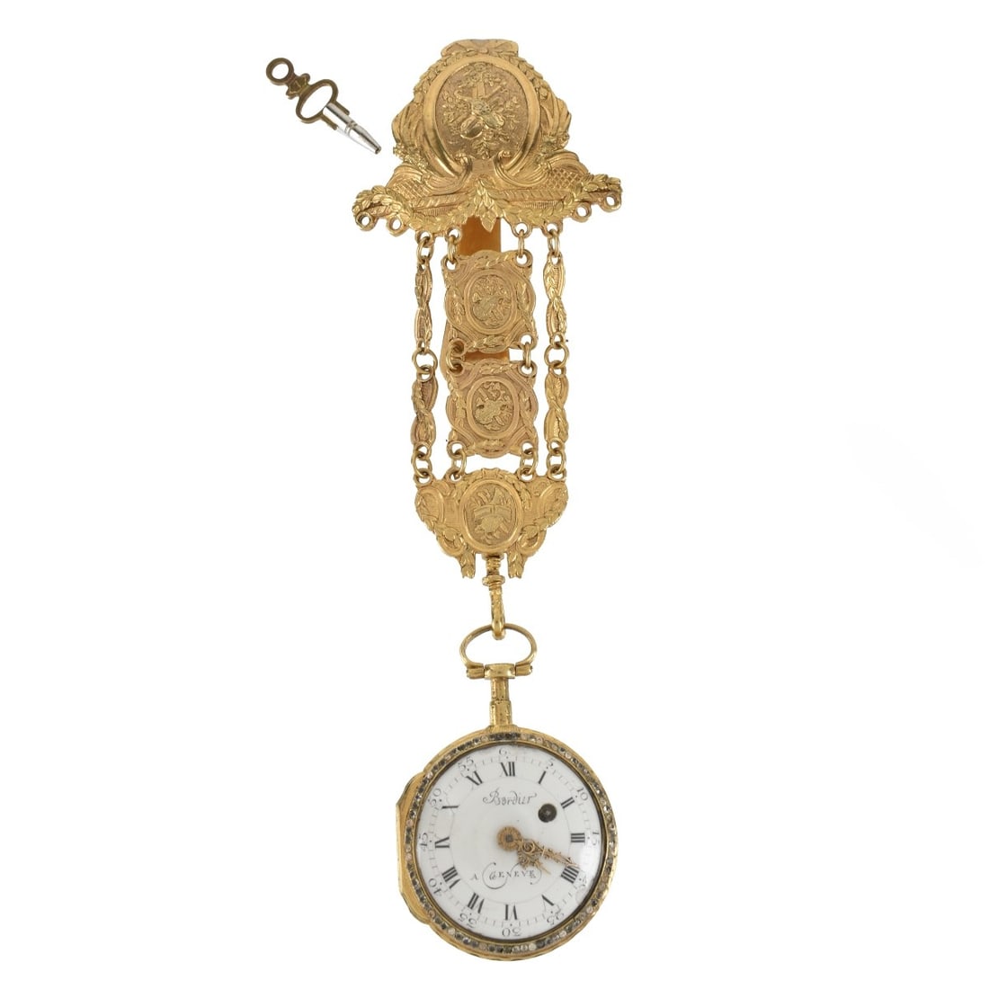Bordier Pocket Watch: Lady's Antique 18th Century Swiss Bordier Gold Filled Verge Fusee Pocket Watch with Gold Filled Chatelaine Chain. White enamel dial, roman numerals. Case measures 39mm. Chatelaine chain measures 5" L,
