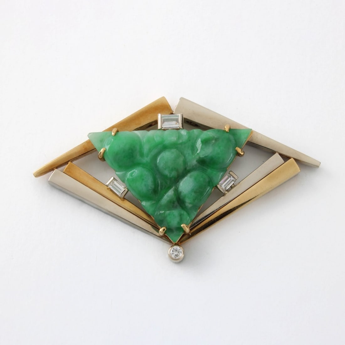 Wachler Jade, Diamond and 18K Pendant: Vintage Wachler Chinese Carved Jade, Baguette and Round Brilliant Cut Diamond and 18 Karat Yellow and White Gold Pendant. Jade with vivid green color. Diamonds G-H color, VS clarity. Signed, stamped 1