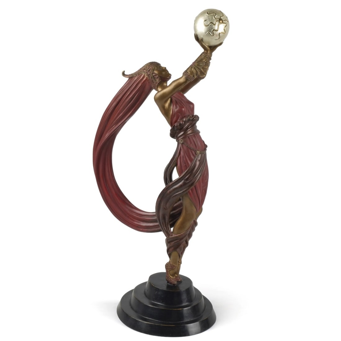 Erte (Roman de Tirtoff, Russian (1892-1990): Erte (Roman de Tirtoff, Russian (1892-1990) "Globe" Patinated Bronze Sculpture of a Woman Looking at a Globe Being Held Over Her Head. Marked with the Erte monogram and Stamped "152/350 Fine Art Acqui
