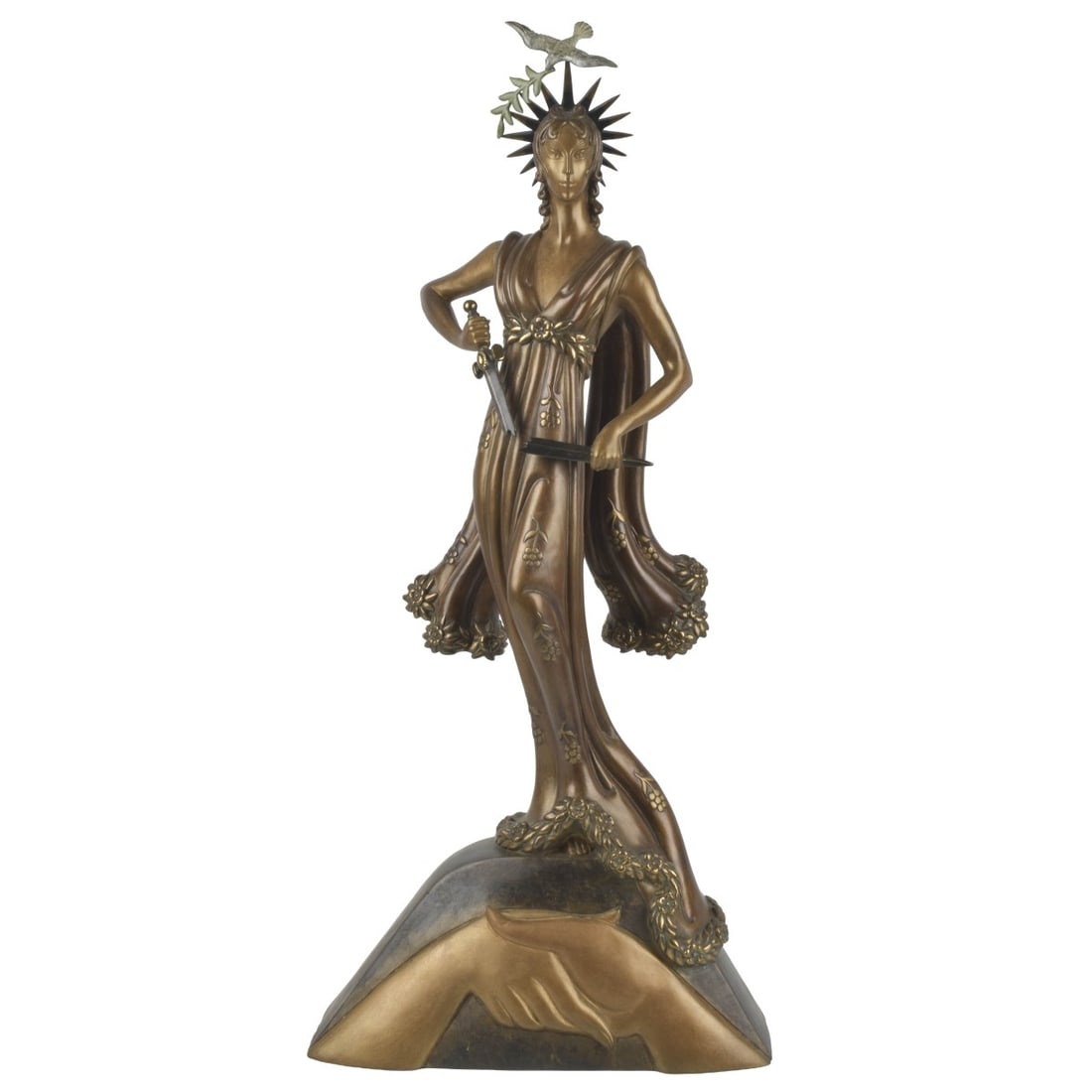 Erte (Roman de Tirtoff, Russian (1892-1990): Erte (Roman de Tirtoff, Russian (1892-1990) "Peace" Patinated Bronze Sculpture of a Woman with a Sword and a Dove over Her Head. Stamped "129/500 Fine Art Acquisitions Ltd. 1984". Cast at the Joel Mei