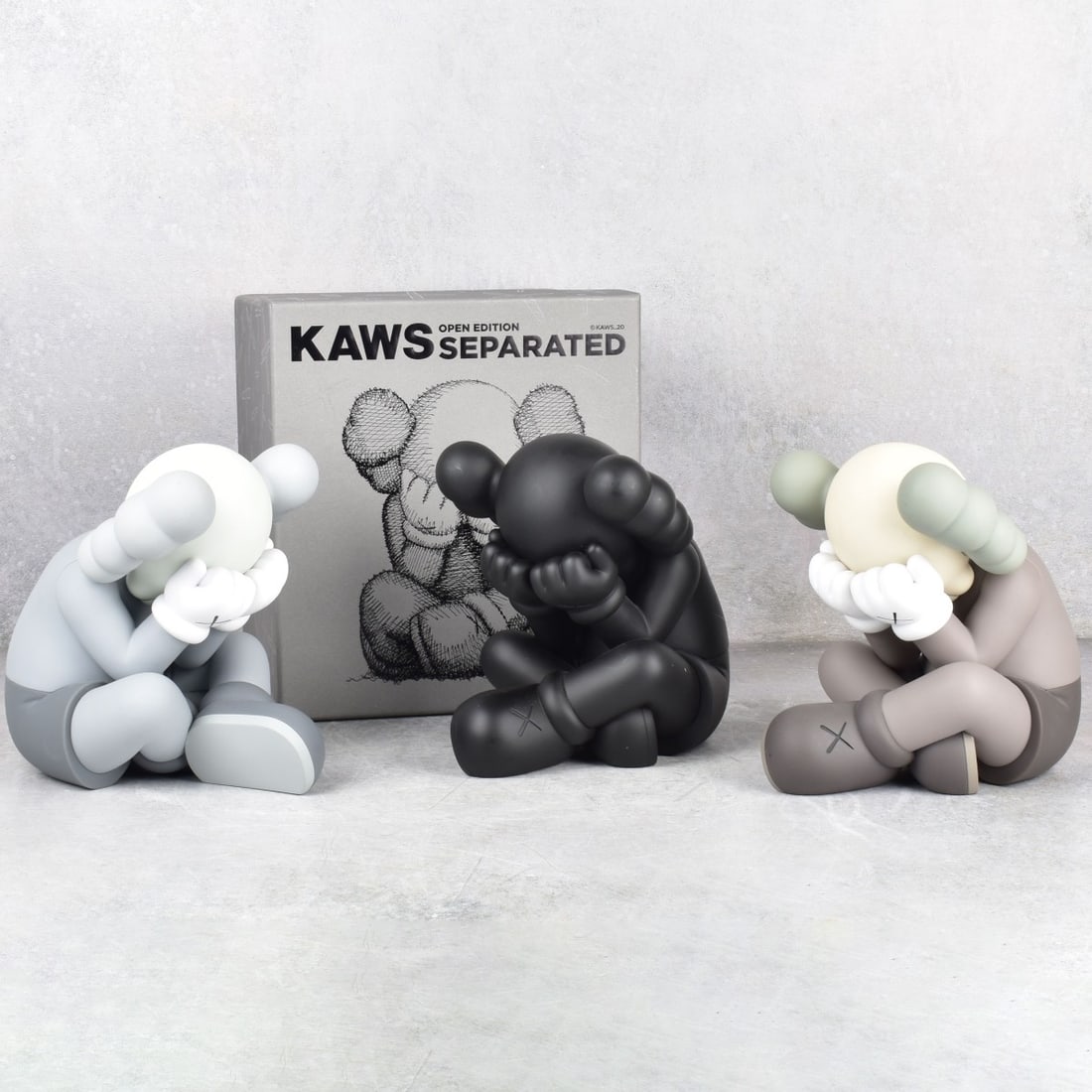 KAWS (Brian Donnelly) American (b. 1974): KAWS (Brian Donnelly) American (b. 1974) Collection of Three (3) Painted Cast Vinyl Figures. One with original box. Stamped signature, title, date and inscription to underside of each figure "KAWS 20 