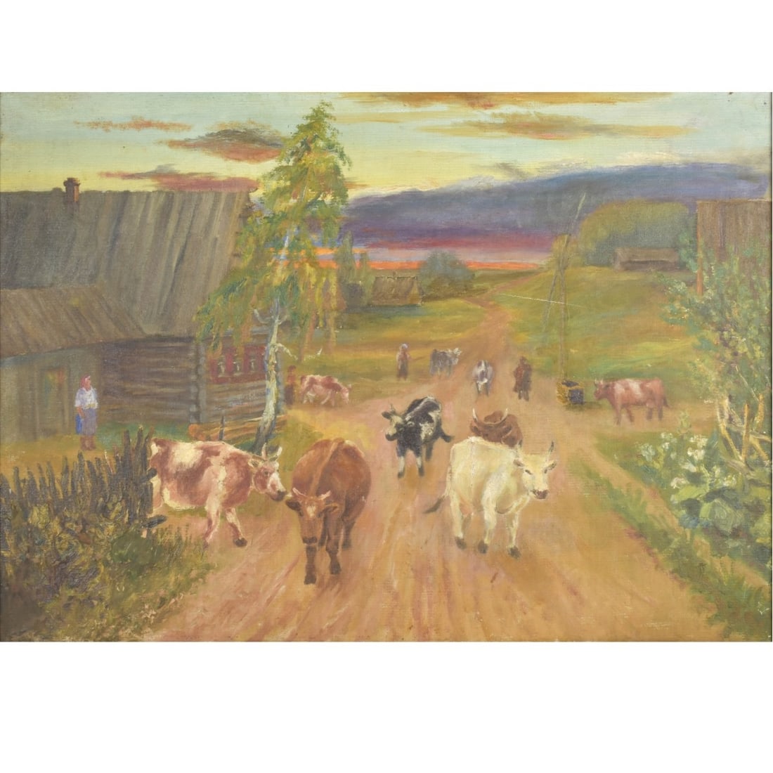 G.V. Zharenkov, Russian (20th Century): G.V. Zharenkov, Russian (20th Century) Oil on Canvas of a Farming Village at Morning. Framed. Signed, titled and dated "1946" to the back. Image area measures: 21-1/2" high, 30-1/2" wide, frame measur