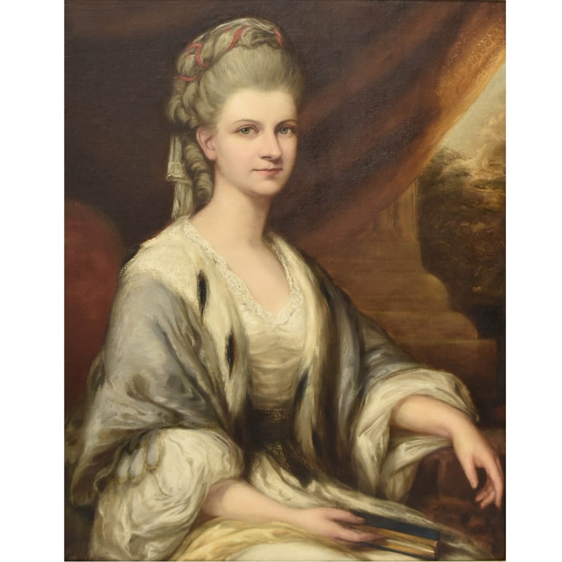 Attributed to Francis Cotes, English (1725-1770): Attributed to Francis Cotes, English (1725-1770) Probably the Portrait of Amabel Hume-Campbell, 1st Countess de Grey Oil on Canvas. Framed. Affixed name plate to the frame. Stretcher measures: 36" hig