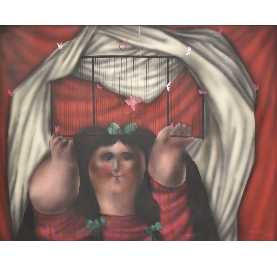 Arcadio Gonzalez, Colombia (born 1932): Arcadio Gonzalez, Colombia (born 1932) Boterism Style Oil on Canvas of a Young Girl with Bird and Butterflies Lifting a Bird Cage Door. Framed. Signed bottom right hand corner. Stretcher measures: 38"