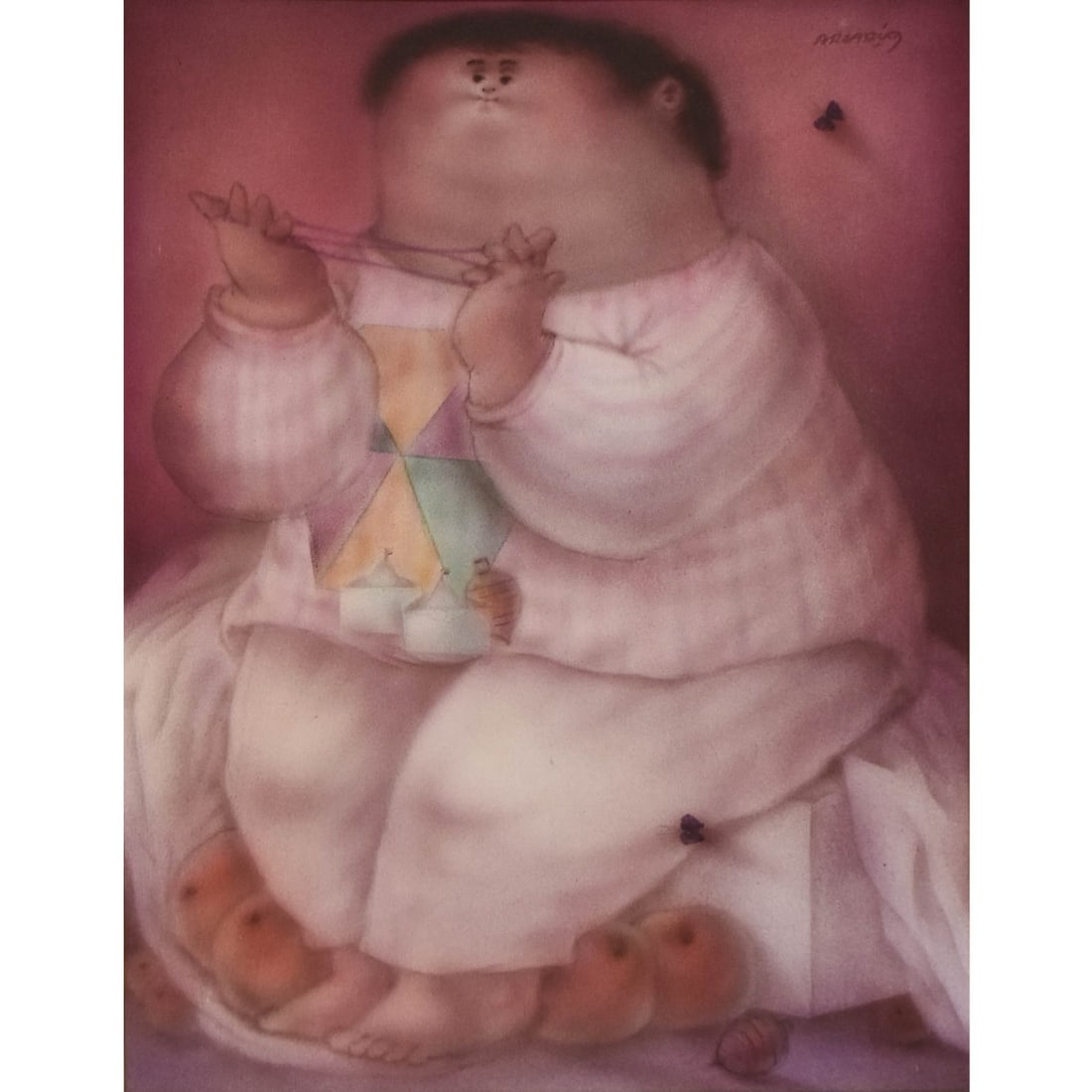 Arcadio Gonzalez, Colombia (born 1932): Arcadio Gonzalez, Colombia (born 1932) Boterism Style Oil on Canvas of a Young Girl Playing a Cats Craddle Framed. Signed left hand corner. Stretcher measures: 32" high, 23" wide, frame measures: 40" 