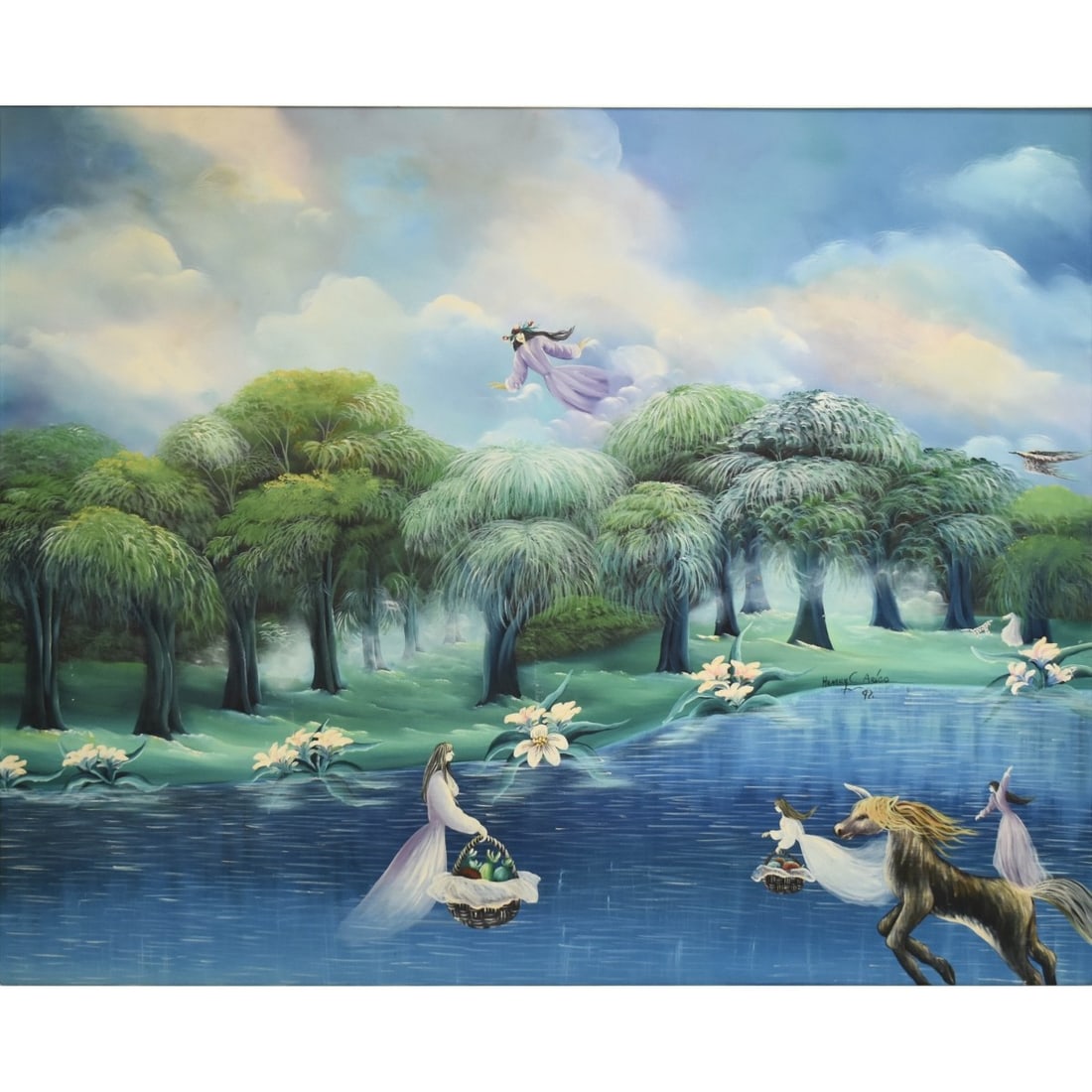 Henry C. Arias, Colombia (born 1954): Henry C. Arias, Colombia (born 1954) Floating Magical Figures in the Forest. Framed. Signed and dated "92". Stretcher measures: 39-1/2" high, 45-1/2" wide, frame measures: 45-1/2" high, 51-1/2" wide. 