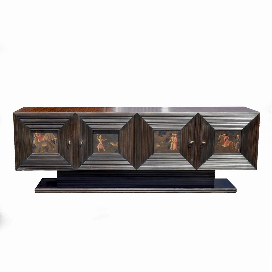 Art Deco Macassar Ebony Credenza: Art Deco Macassar Ebony Credenza Reportedly by French Ebeniste Reinhard with Four (4) Doors with Inset Painted Panels Attributed to Swiss Painter Jean-Jacques, French (1889-1970). Each of the four pan
