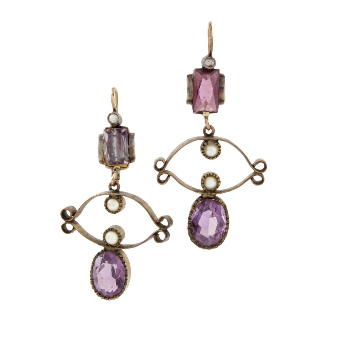 Amethyst, Pearl and 14K Earrings: Antique 19th Century Oval Cut Amethyst, Natural Pearl and 14 Karat Yellow Gold Pendant Earrings. Amethysts with good color. Measure 1-5/8" L, 7/8" W. Approx. width: 7.14 grams. Kodner Galleries offers