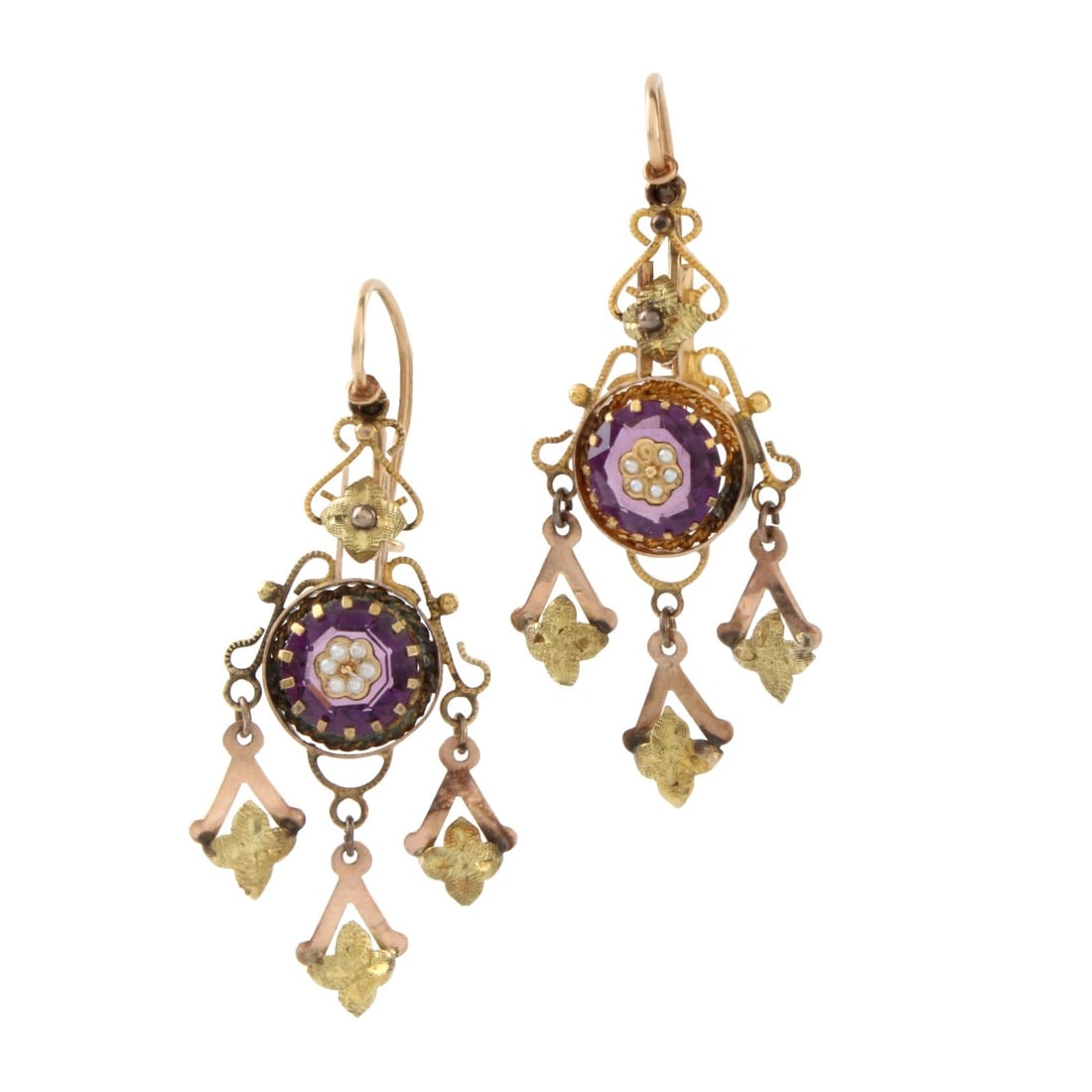 Amethyst, Pearl and 14K Earrings: Antique 19th Century Oval Cut Amethyst, Seed Pearl and 14 Karat Yellow Gold Pendant Earrings. Amethysts with good color. Measure 1-3/4" L, 1/2" W. Approx. total weight: 6.03 grams. Kodner Galleries of