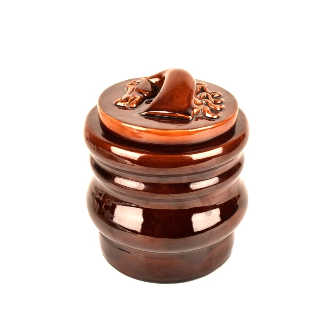 Vintage Hermes Glazed Tobacco Jar: Vintage Hermes Glazed Pottery Covered Tobacco Jar. Stamped on the bottom side. Measures 8" x 6-1/4". Kodner Galleries offers phone and absentee bidding at a low, flat 21% buyer?s premium without surch