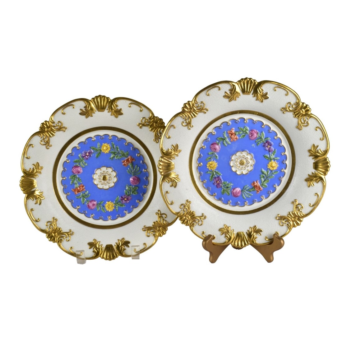 Pair of 18th C. Meissen Cabinet Plates: Pair of 18th Century Meissen Raised Relief Porcelain Cabinet Plates. Signed and bears the lettering I along with the number 42 on the base. Measures 10-3/8" diam. A work listed as "attributed to:" the