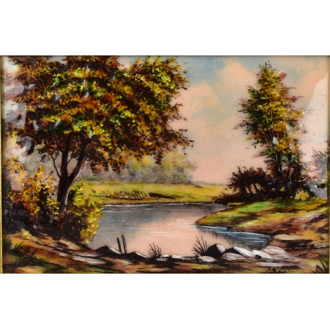 Limoges Enamel on Copper: Limoges French Enamel on Copper Landscape. Artist signed illegible bottom right hand corner. Measures: 4" high, 6" wide, frame measures: 10-1/2" high, 12-1/2" wide. Kodner Galleries offers phone and a