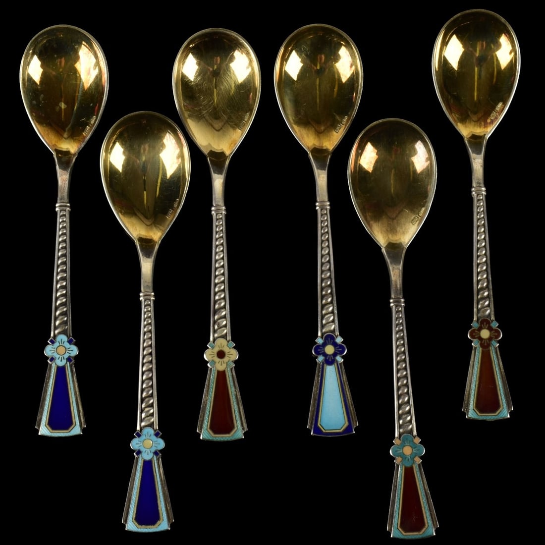 Russian Silver Spoons: Six (6) Russian 916 Silver and Enamel Demitasse Gold Wash Spoons with Fitted Lined Box.. Stamped "916" in the bowl. Measures: 5-1/4" long, weighs: 4.72 troy ounces. Kodner Galleries offers phone and a