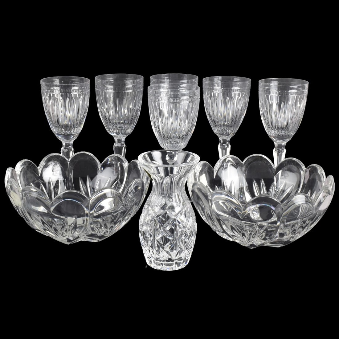 Waterford Crystal: Nine (9) Pieces Waterford Crystal. All pieces properly marked and with original boxes. Including two (2) Marquis by Waterford "Sweet Memories" bowls, measures: 4" high, 7-3/4" diameter, one (1) "Archi