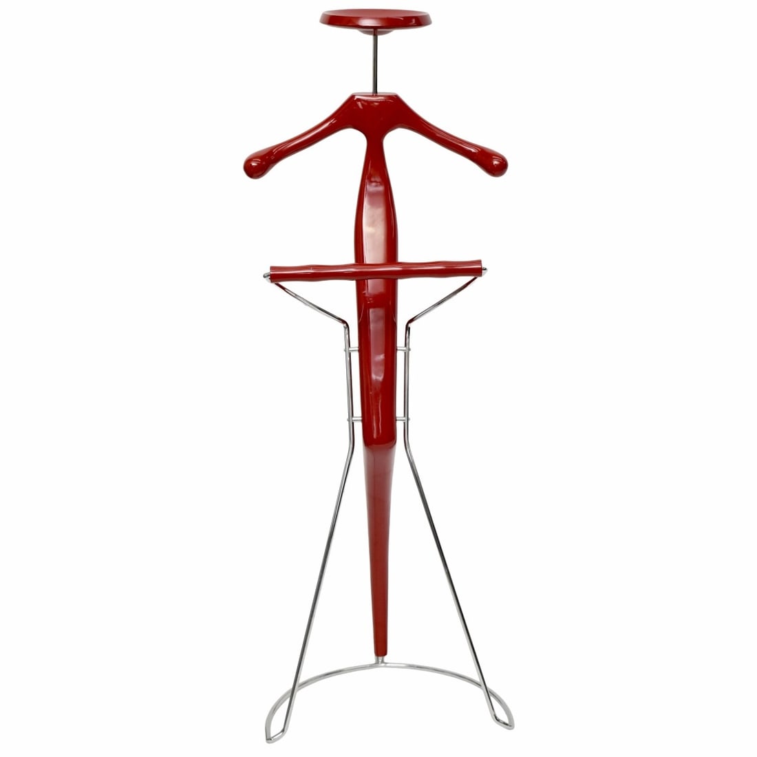 Vintage Post-Modern Valet Stand: Vintage Post Modern Designer Red Lacquer and Chrome Valet Stand. Most Likely Perchero-Italian. Measures: 50" high, 14-1/2" wide, 13" deep. Kodner Galleries offers phone and absentee bidding at a low, 