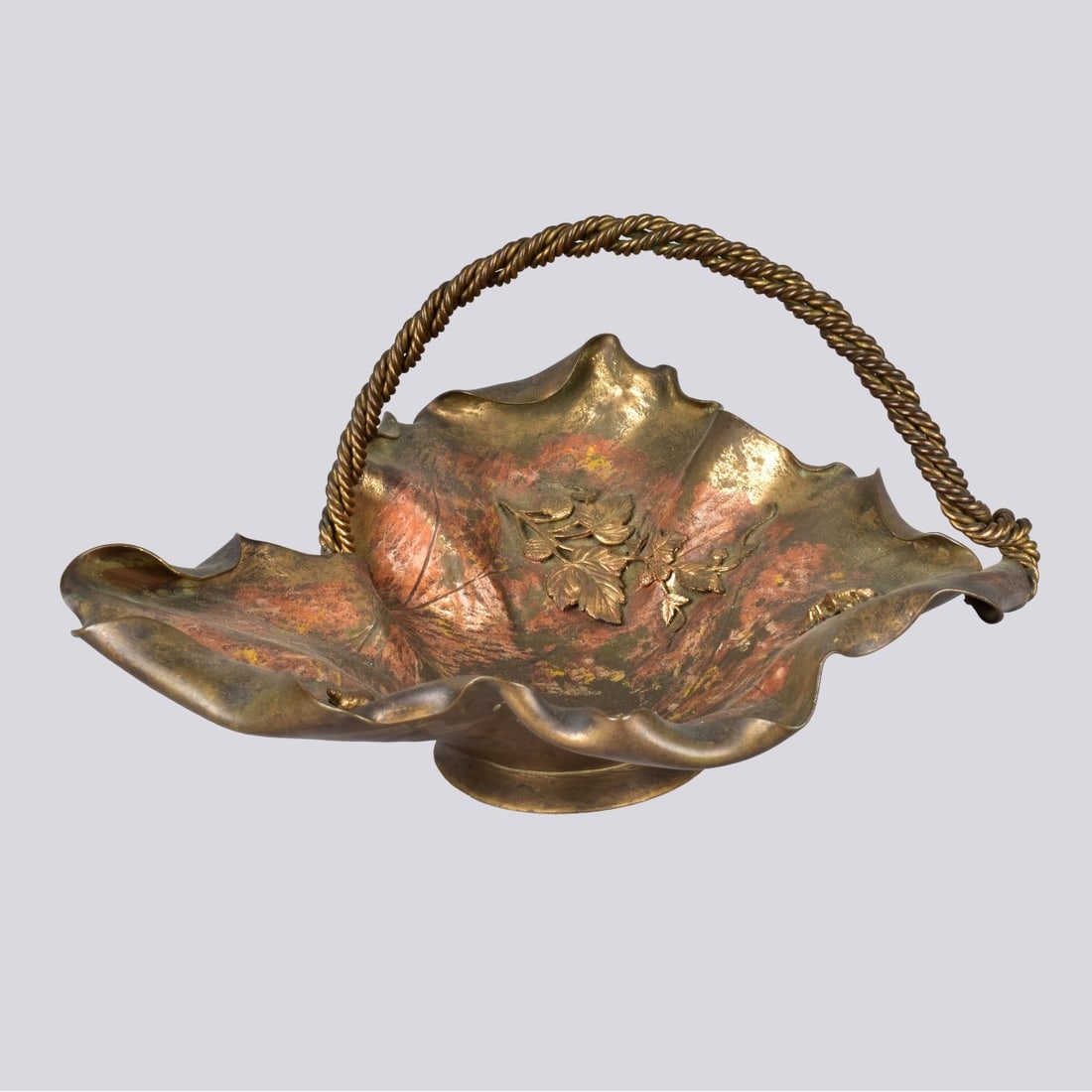 Antique Continental Painted Bronze Basket: Antique Continental Painted Bronze Basket with Insects. Unsigned. Measures 8-1/2" x 13-1/2" x 12-1/2". Kodner Galleries offers phone and absentee bidding at a low, flat 21% buyer?s premium without sur