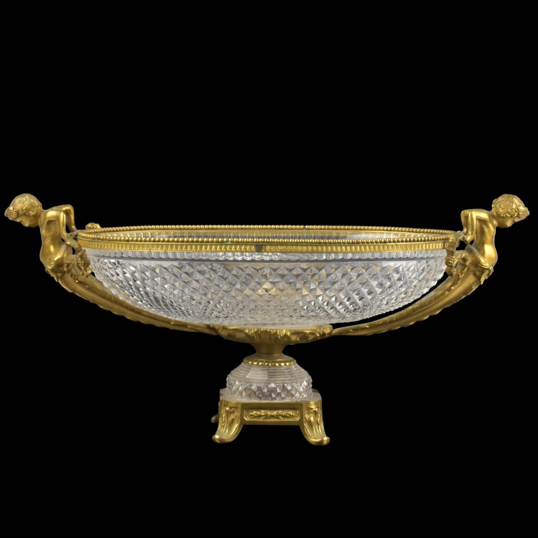 19th/20th Century French Gilt Bronze Bowl: 19th/20th Century French Gilt Bronze and Cut Crystal Oval Bowl with a Cherub at Each End. Stamped "MADE IN FRANCE" to the bottom. Measures: 9-1/2" high, 20" wide, 9-1/8" deep. Kodner Galleries offers 